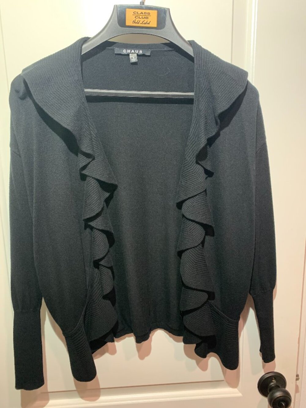 Chaus Women's Ruffled Open-Front Black Cardigan Size Small